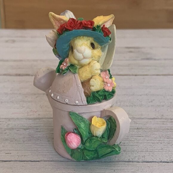 Vintage Bunny Rabbit Watering Can Lidded Trinket Box Tulips Roses Sun Bonnet Hat - Picture 1 of 16